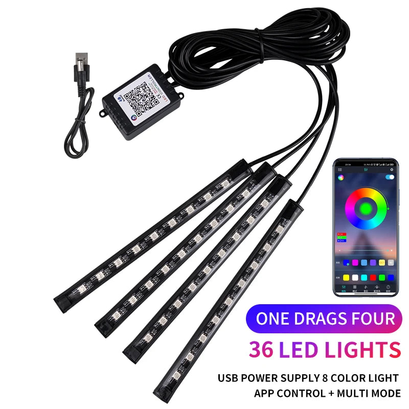 Neon LED Car Interior Ambient Foot Strip Light Kit Accessories RGB Backlight Remote App Music Control Auto Decorative Lamp