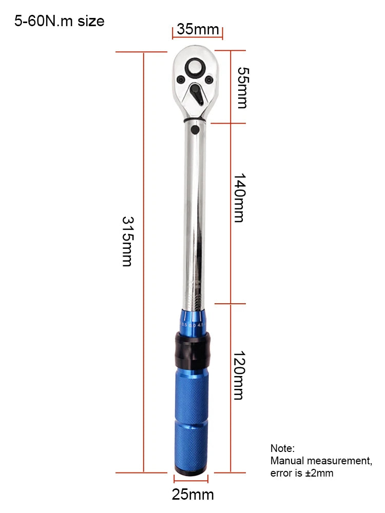 5-60N.m Torque Wrench 3/8 Inch Square Drive Torques Key ±3% High Precision Torque Wrench Professional Bicycle Automotive Tool